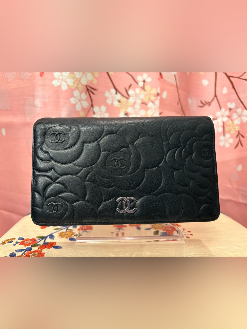 Chanel Camellia Lambskin Bi-Fold Long Wallet Black Silver with COA